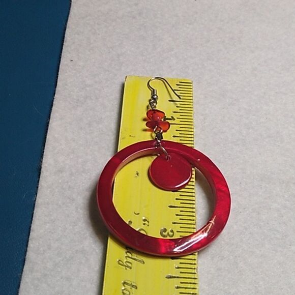 Elegant Candy Apple Red Hoop Earrings Silver Tone Metal Bold and Fun - Picture 4 of 5